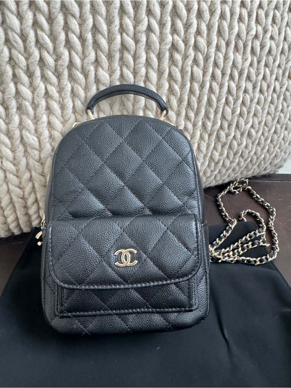 Chanel Black Quilted Caviar Leather Mini Backpack with Gold Chain
